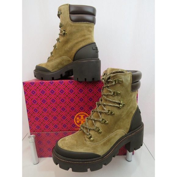 NIB TORY BURCH LUG SOLE HIKER ALCE COCONUT SUEDE LEATHER LACE UP ANKLE BOOTS 7